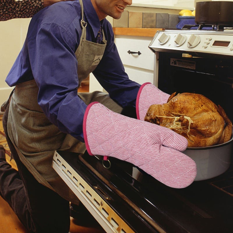 RED LMLDETA 1 Pair Yarn Dyed Oven Mitts 100% Cotton Heat Resistant 470 Degree Gloves Men Women Cooking Baking Barbecue BBQ Microwave Crafting Machine Washable Pot Holders Mittens (red2) - Image 4